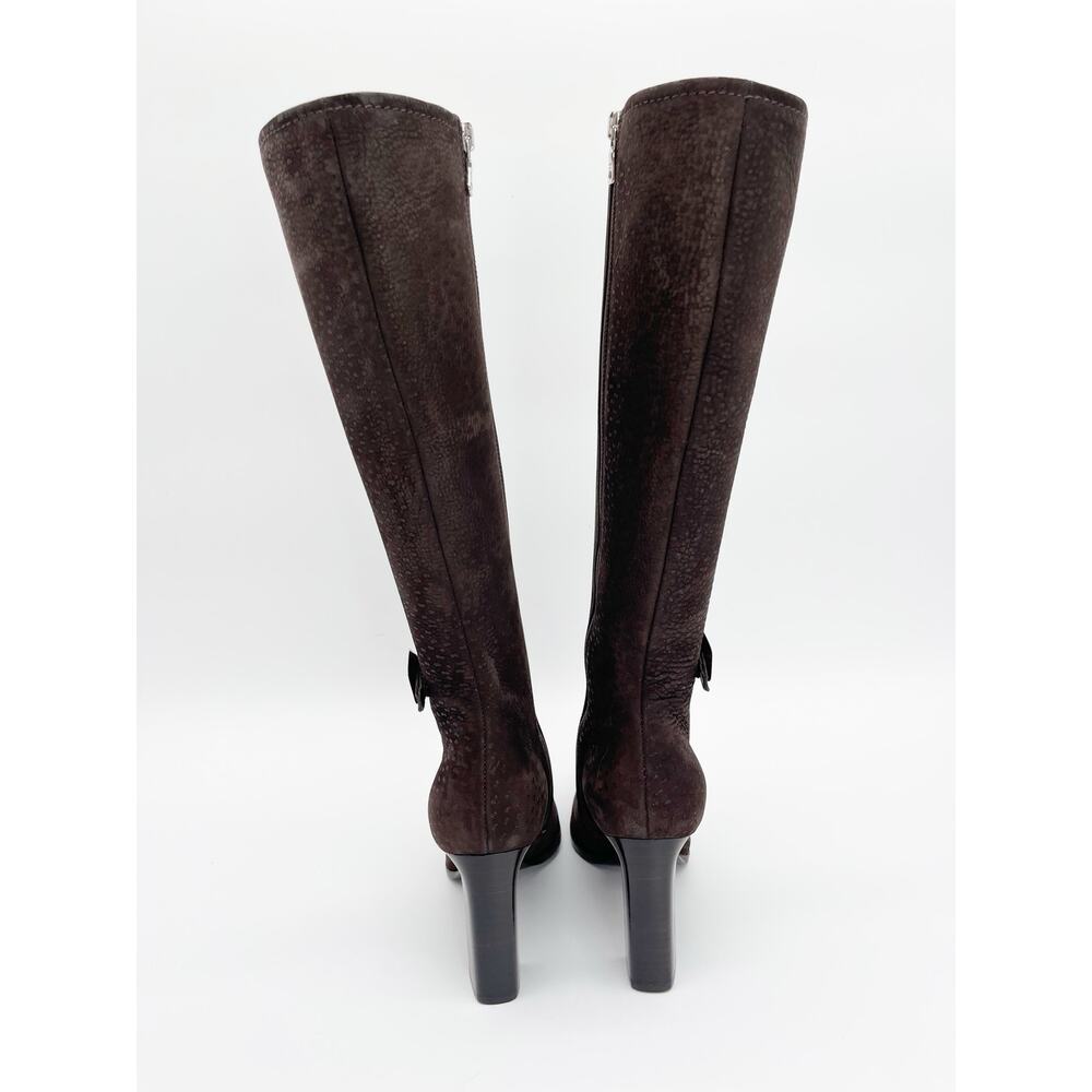 Prada Vintage Brown Embossed Nubuck Square Toe Heeled Knee High Boots IT 36.5 - Picture 9 of 14